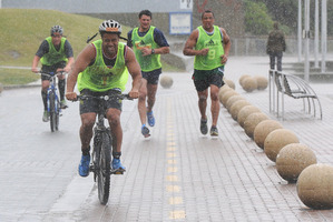 Highlanders players (from left) Joe Wheeler, Boxton Papoalii, Elliot Dixon and Nasi Manu train hard. Photo / Otago Daily Time