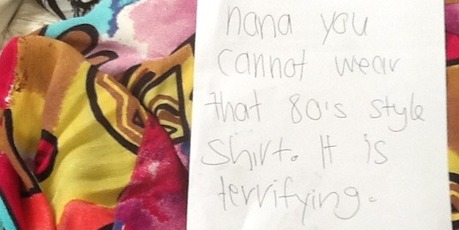 A reader writes: 'While packing for a cruise I came across this note from my granddaughter. Now, do I trust her opinion or wear it anyway?'. Photo / Supplied