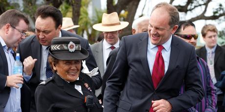 David Shearer shares a light moment with Maori warden Maraea Calteaux at Ratana Marae. Photo / Mark Mitchell