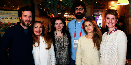 Bret McKenzie (far left) with Jane Seymour, Stephenie Meyer, Jared Hess, Keri Russell and Jerusha Hess at the Austenland party. Photo / AP