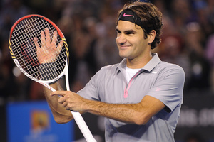 Roger Federer celebrates his win over Milos Raonic. Photo / AP