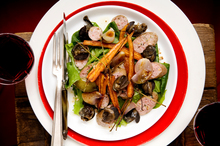 Toulouse sausage and snail salad with roasted shallots and dijon viniagrette. Photo / Babiche Martens, NZH