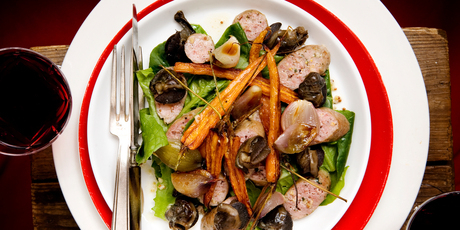 Toulouse sausage and snail salad with roasted shallots and dijon viniagrette. Photo / Babiche Martens, NZH