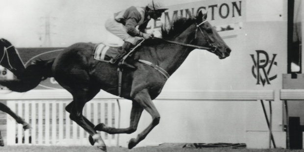 Waverley galloper Kiwi, ridden by Jim Cassidy, wins the 1983 Melbourne Cup for Snow Lupton. Photo / Supplied