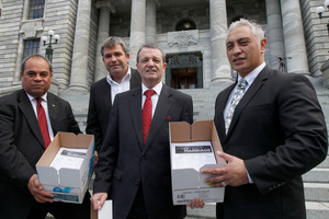Family First national director Bob McCoskrie with MPs Su'a William Sio, Ross Robertson and Alfred Ngaro, after presenting another petition opposing gay marriage last year. Photo / Mark Mitchell