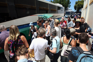 Passengers at Napier's Intercity bus stop on Dalton Street, Napier. Photo / Paul Taylor