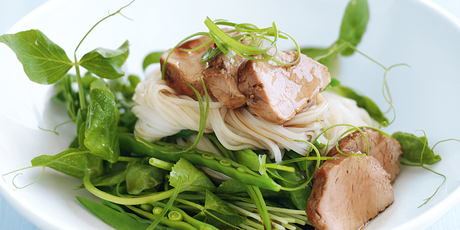 Barbecue pork and snow pea noodle salad. Photo / Chris Court, Donna Hay Magazine