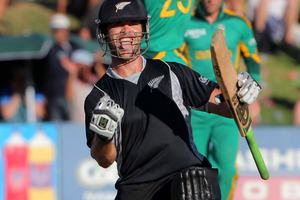 James Franklin of New Zealand celebrates hitting the winning runs during the 1st One Day International match between South Africa and New Zealand. Photo / Getty Images.