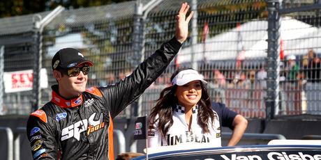 Shane Van Gisbergen waves to the crowd at the final V8 Supercars round in Hamilton last year. Photo / Christine Cornege