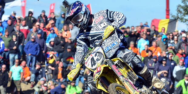 Mount Maunganui's Rhys Carter (Suzuki), in the motocross fight of his life in Germany at the weekend. Photo by Andy McGechan, BikesportNZ