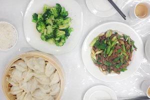 Dumplings, broccoli and lamb with leeks.Photo / NZ Herald online