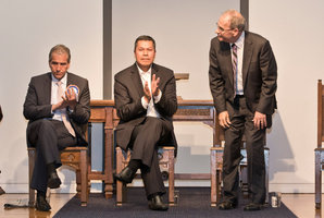 Mayoral candidates (from left) John Minto, John Palino, Uesifili UNasa and Len Brown at the debate last night. Photo / Greg Bowker