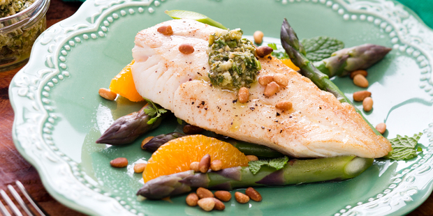 Panfried Fish, Asparagus and Pine nut with Green Olive Relish. Photo / Babiche Martens