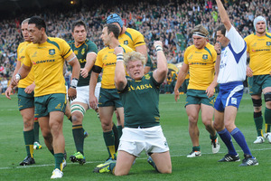 Adriaan Strauss of the Springboks celebrates after scoring a try during the match between South Africa and Australia at DHL Newlands. Photo / Getty Images