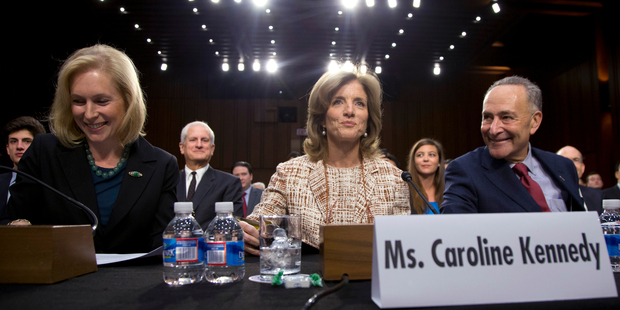 Caroline Kennedy (centre) at the Senate committee hearing on her nomination as US Ambassador to Japan.Picture / AP