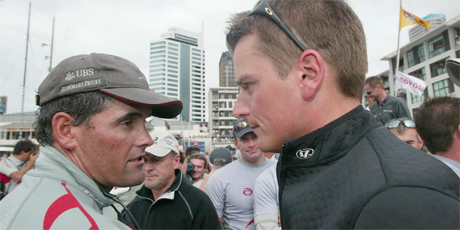 Alinghi skipper Russell Coutts (left) eyeballs losing Team New Zealand skipper Dean Barker after his team won the America's Cup from New Zealand 5-0. Photo / NZ Herald