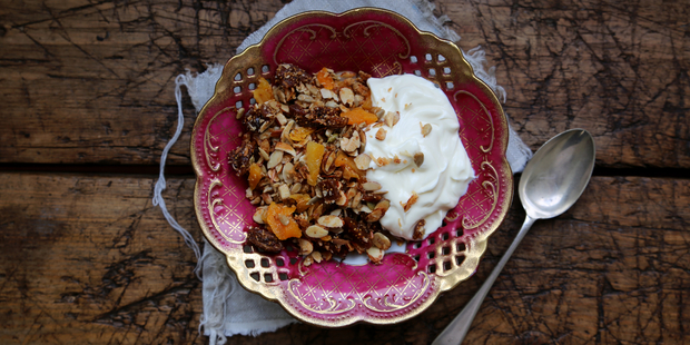 Maple and coconut oil roasted granola with apricots and figs. Photo / Eleanor Ozich