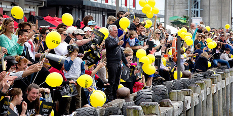 Fans greet Team NZ at Shed 10 this morning. Photo / Sarah Ivey
