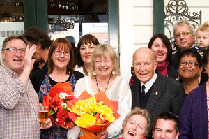 Newly-reelected mayor of Wanganui Annette Main, centre, with supporters after the result was announced. Photo / Rae Cliffe
