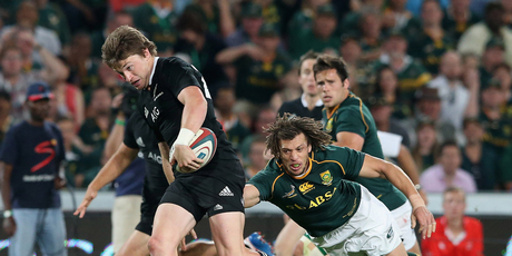 Beauden Barrett of the All Blacks breaks clear to score the bonus point winning fourth try during the Rugby Championship match. Photo / Getty Images.