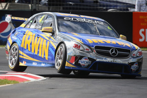 Lee Holdsworth driving the #4 Irwin Racing Mercedes hits the curb during a practice. Photo / Getty Images