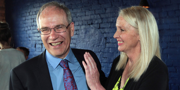 Auckland Mayor Len Brown celebrates his re-election with his wife Shan Inglis. Photo / Doug Sherring