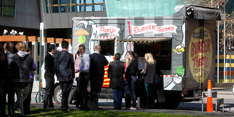 The lunch time queue at Burger Theory Food Truck. Photo / Christine Cornege