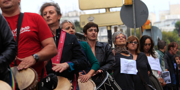 Demonstrators protest outside the construction site of a new subway station in Thessaloniki, Greece. Photo / AP