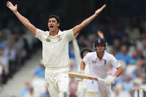 Australia's Mitchell Starc appeals for a wicket in the recent Ashes series. Photo / Getty Images