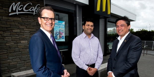 Professor Ted Zorn from Massey University (left), Ajit Mandlekar, restaurant manager and Patrick Wilson, MD of McDonald's NZ.