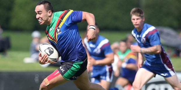 WaiCoa Bay Stallions player Carlos Kohu-Martin surges away to score in the loss to Akarana Falcons. Photo / Ben Fraser
