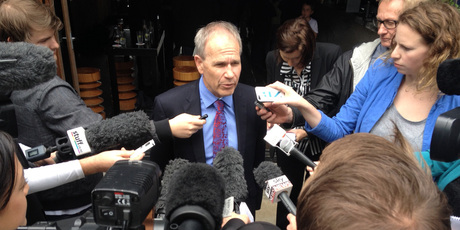 Len Brown talks with media after winning.