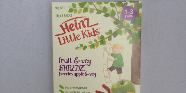 Heinz Little Kids. Fruit & Veg Shredz - Berries Apple & Veg. $4.29 for 90g or 5 packs.