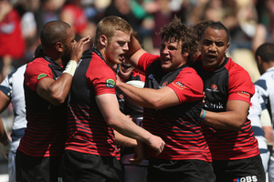 ohnny McNicholl, Ben Funnell and Nasi Manu celebrate a try by Tyler Bleyendaal of Canterbury during the ITM Cup semifinal match between Canterbury and Auckland. Photo / Getty Images.