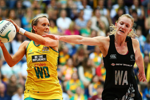 Renae Hallinan of Australia and Shannon Francois of New Zealand contest possession during game five of the Constellation Cup series. Photo / Getty Images.