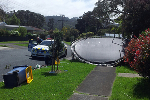 Trampoline that was grabbed by the strong winds in Beach haven Auckland this week. Photo / Greg Bowker