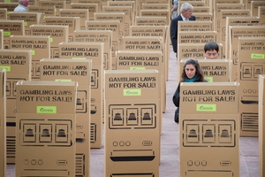 The Greens hope the casino replica will put pressure on MPs to vote against the deal. Photo / Greg Bowker