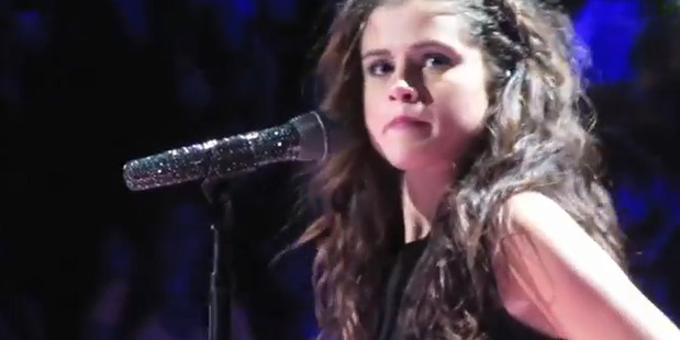 Selena Gomez cries at the Barclays Center in Brooklyn, New York.