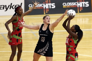 Te Huinga Reo Selby-Rickit defends against Jane Chimaliro of Malawi during the first test in Wellington. Photo / Getty Images