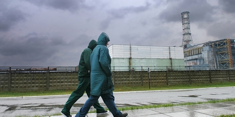 People walking near Chernobyl.