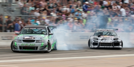 Dan Woolhouse (lead car) will be putting his national title on the line when the D1NZ National Drifting Championship Series kicks off next month. Photo / Supplied
