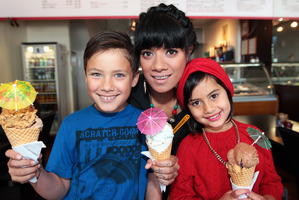 Ladi6 with her son, Philli Park-Tamati, and niece, Mikki Tamati-Clark, at their favourite icecream haunt, Casa Del Gelato. Photo / Doug Sherring
