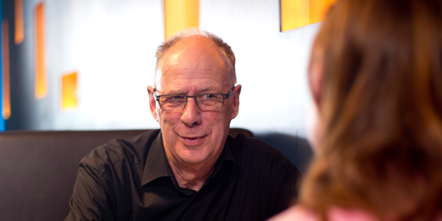 Reporter Janet McAllister talks with Roger Hall at the Q Theatre Cafe. Photo / Dean Purcell