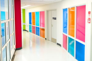 Meeting rooms screened with colourful decals on the recently refurbished Level 6 of Starship Children's Hospital. Photo / Ben Crawford