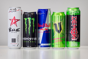 Energy Drinks: (from left) Pure Energy, Monster, Red Bull, V and Demon. Photo / Natalie Slade