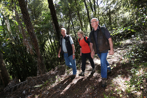 COMMITTED TRIO: Pukenui Trust team Gerry Brackenbury, left, Jane Norman and Max Hutchings are meeting their goals to see new species of birds being released into the forest. PHOTO/MICHAEL CUNNINGHAM