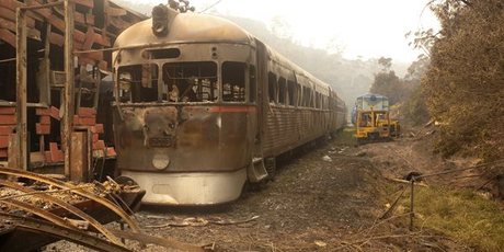 The remains of Zig Zag Railway's Rail Motor 2016 after a bushfire swept through the Australian heritage railway line near Lithgow in the Blue Mountains. Photo/ AAP, Supplied by Zig Zag Railway