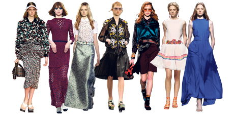 Holly Rose Emery has appeared in shows for top designers including, left to right, Marni, Chanel, Tory Burch, Erdem, Prada, Alberta Ferretti and Felipe Oliveira Baptista. Photos / AP Images