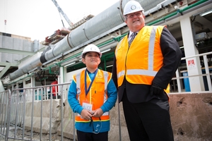 Branden Hall was with Gerry Brownlee to start the cutting wheel on the machine yesterday. Photo / Greg Bowker