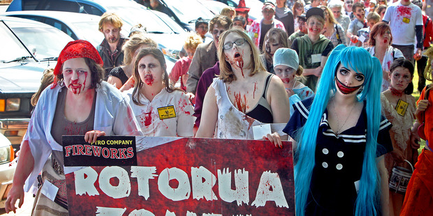 Hundreds take part in the city's Rotorua Zombie Walk.